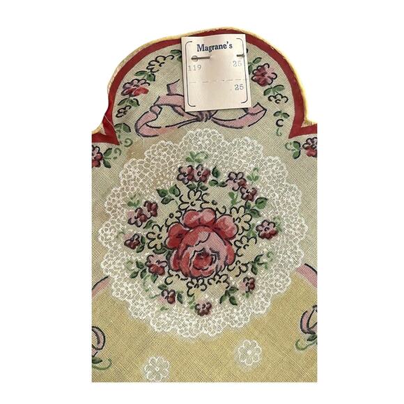 1960s Yellow Red Pink Blooming Rose Flower Scallop Edge Lady’s Handkerchief - Picture 5 of 8